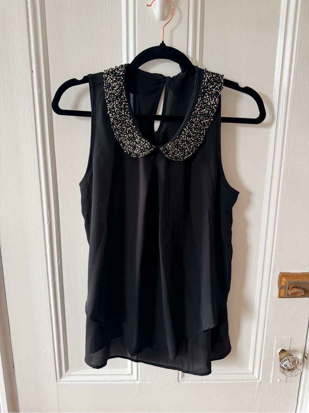 Soprano Black Sleeveless Top with Beaded Peter Pan Collar